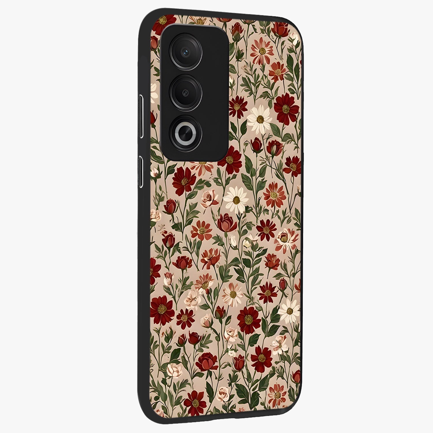 Biege Flower With Leaf Glass Case upright view showcasing delicate beige flower illustration with clean botanical style.