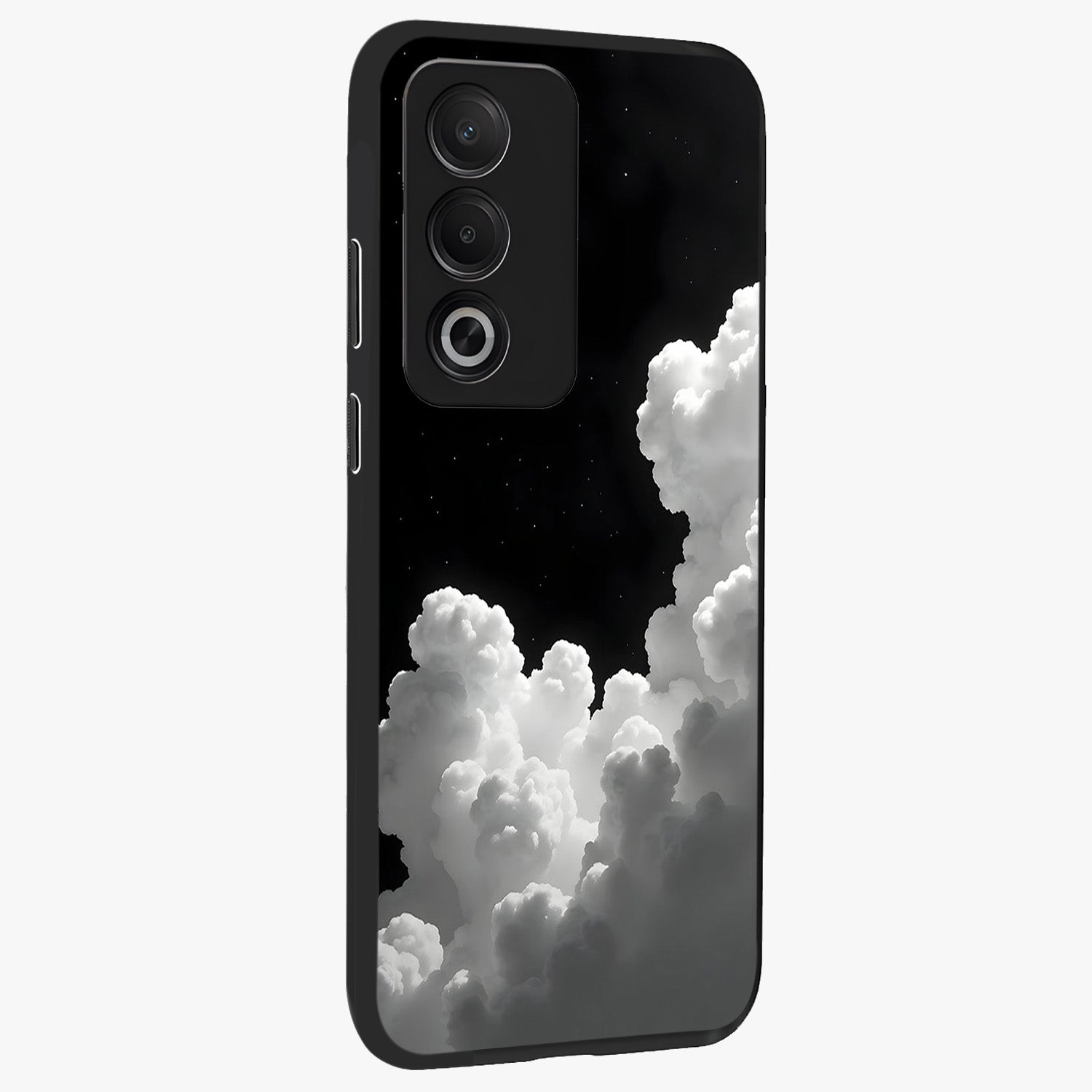 Black Background With White Cloud Glass Case upright view showcasing calm cloud aesthetic with modern minimal style.