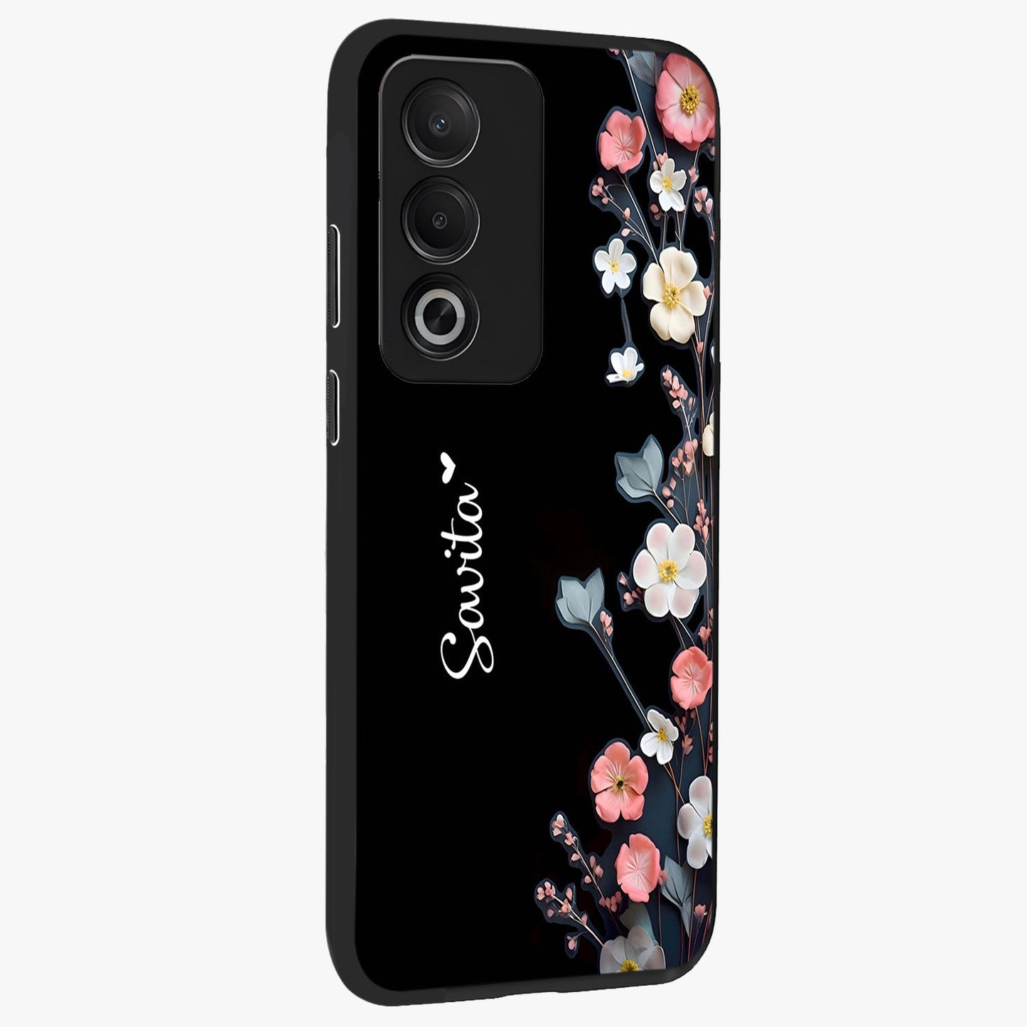 Black Elegance Floral Custom Name Glass Case upright view showcasing luxurious black floral design with personalized name detail.