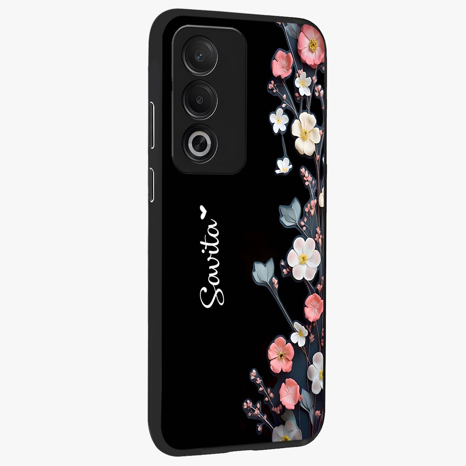 Black Elegance Floral Custom Name Glass Case upright view showcasing luxurious black floral design with personalized name detail.