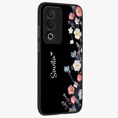 Black Elegance Floral Custom Name Glass Case upright view showcasing luxurious black floral design with personalized name detail.