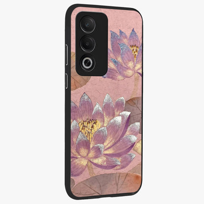 Blossom Mist Lotus Glass Case upright view showcasing graceful lotus flower design with peaceful botanical style.