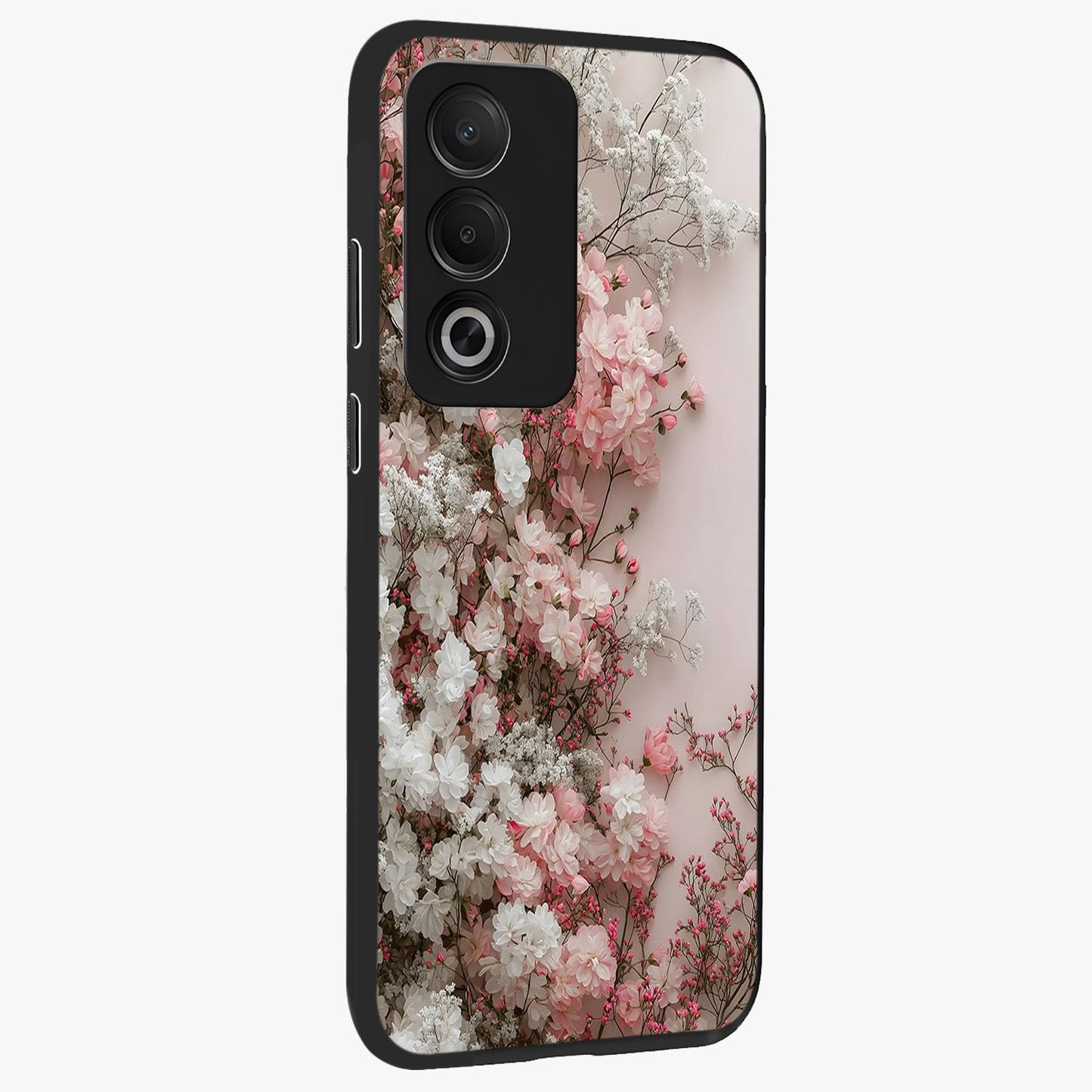 Blush Blossom Cloud Glass Case upright view showcasing calm floral cloud artwork with gentle dreamy theme.