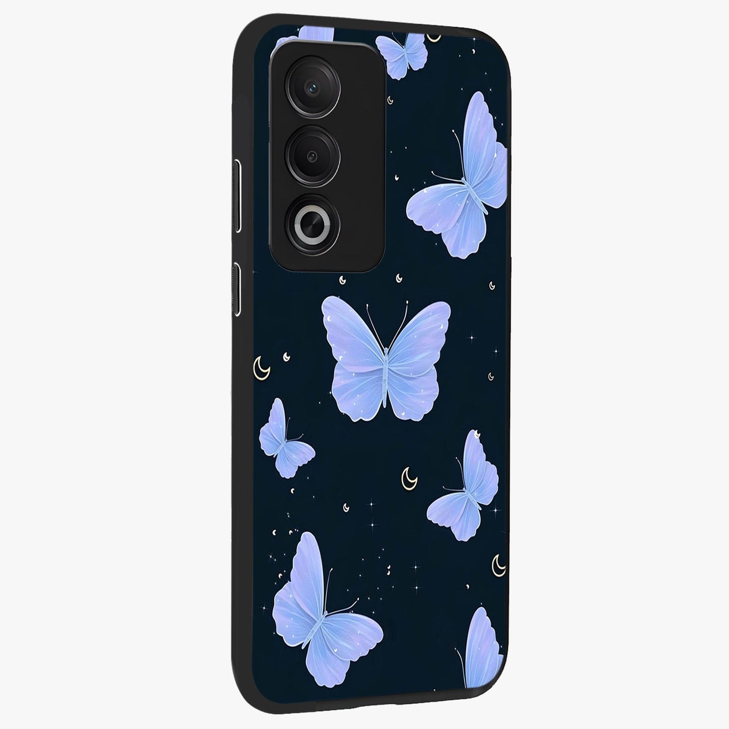 Butterfly With Stars Pattern Glass Case upright view showcasing celestial butterfly artwork with sparkling star elements.