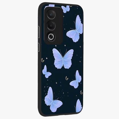 Butterfly With Stars Pattern Glass Case upright view showcasing celestial butterfly artwork with sparkling star elements.