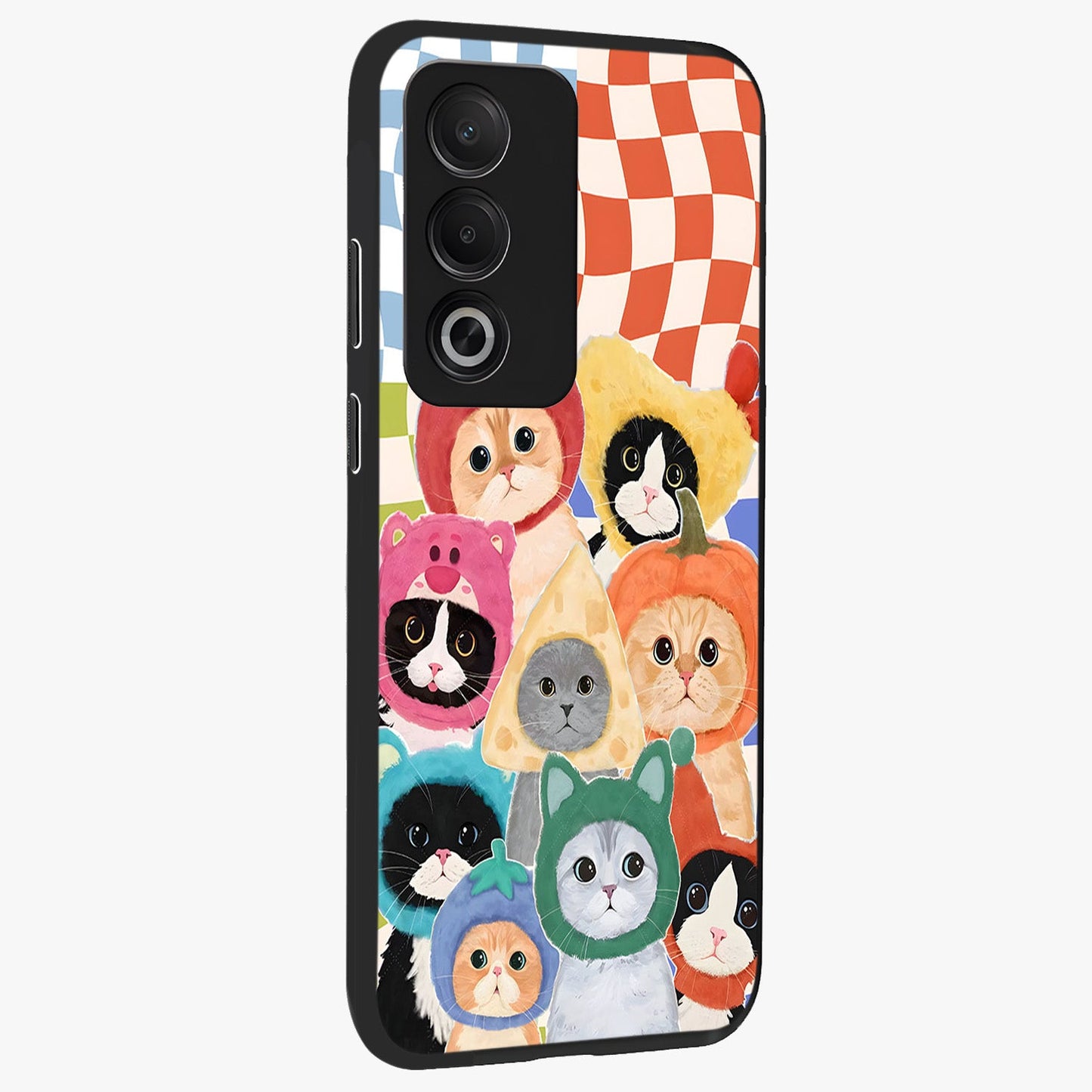 Cats in Fruits Glass Case upright view showcasing charming cat artwork with fun fruity theme.