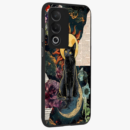 Celestial Black Cat Glass Case upright view showcasing magical black cat illustration with starry cosmic theme.