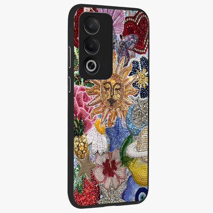 Celestial Floral and Playful Glass Case upright view showcasing whimsical floral artwork with cosmic aesthetic theme.