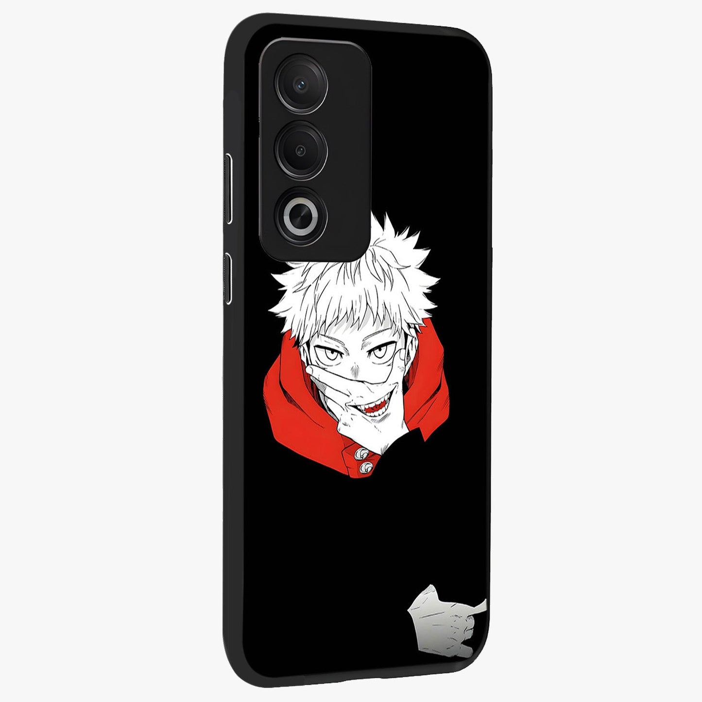 Crimson Chaos Smile Glass Case upright view showcasing expressive chaotic artwork with striking visual theme.