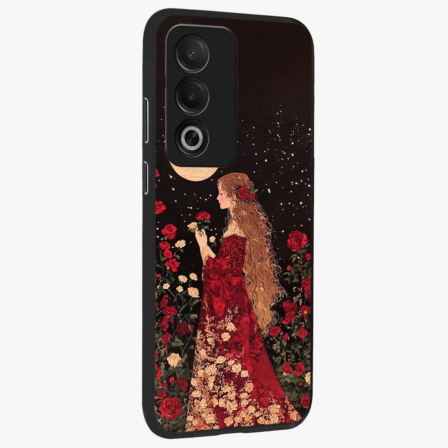 Crimson Dreams Glass Case upright view showcasing dreamy red toned artwork with modern aesthetic style.
