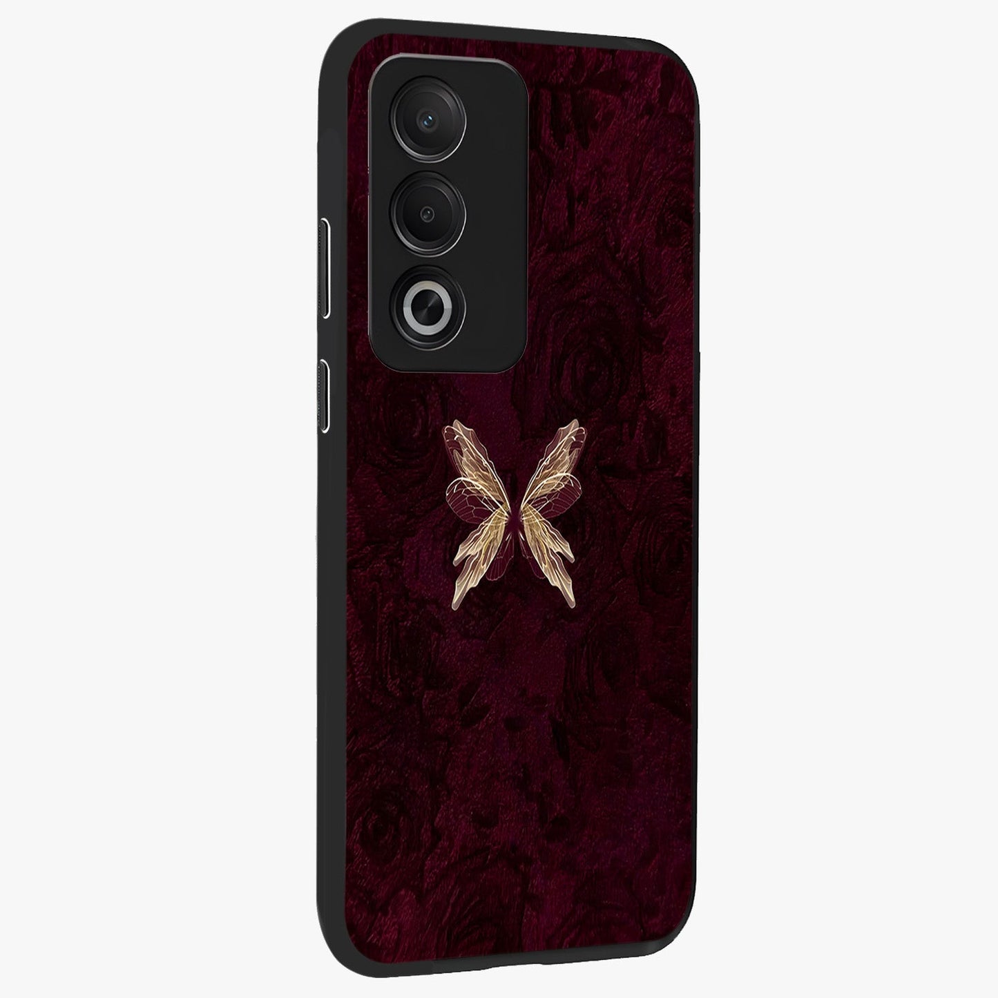 Crimson Fade Butterfly Glass Case upright view showcasing graceful butterfly artwork with soft crimson fade effect.
