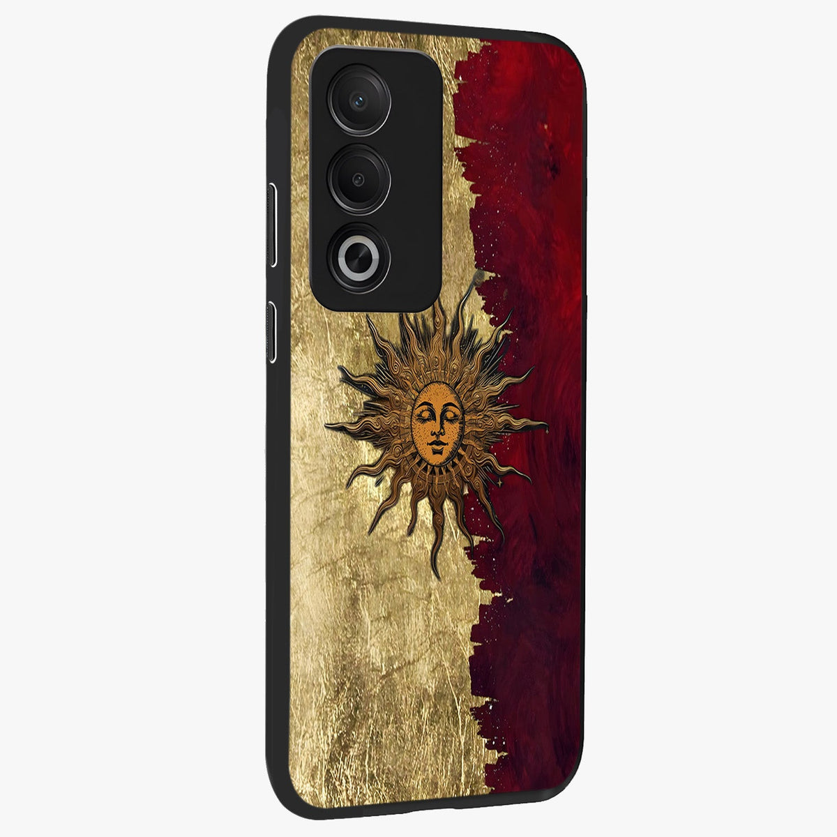 Crimson Sun Majesty Glass Case upright view showcasing vibrant sun artwork with powerful celestial theme.