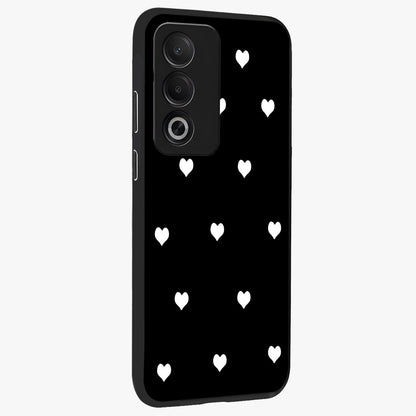 Cute And Simple White Hearts Glass Case upright view showcasing simple white hearts artwork with soft minimal theme.