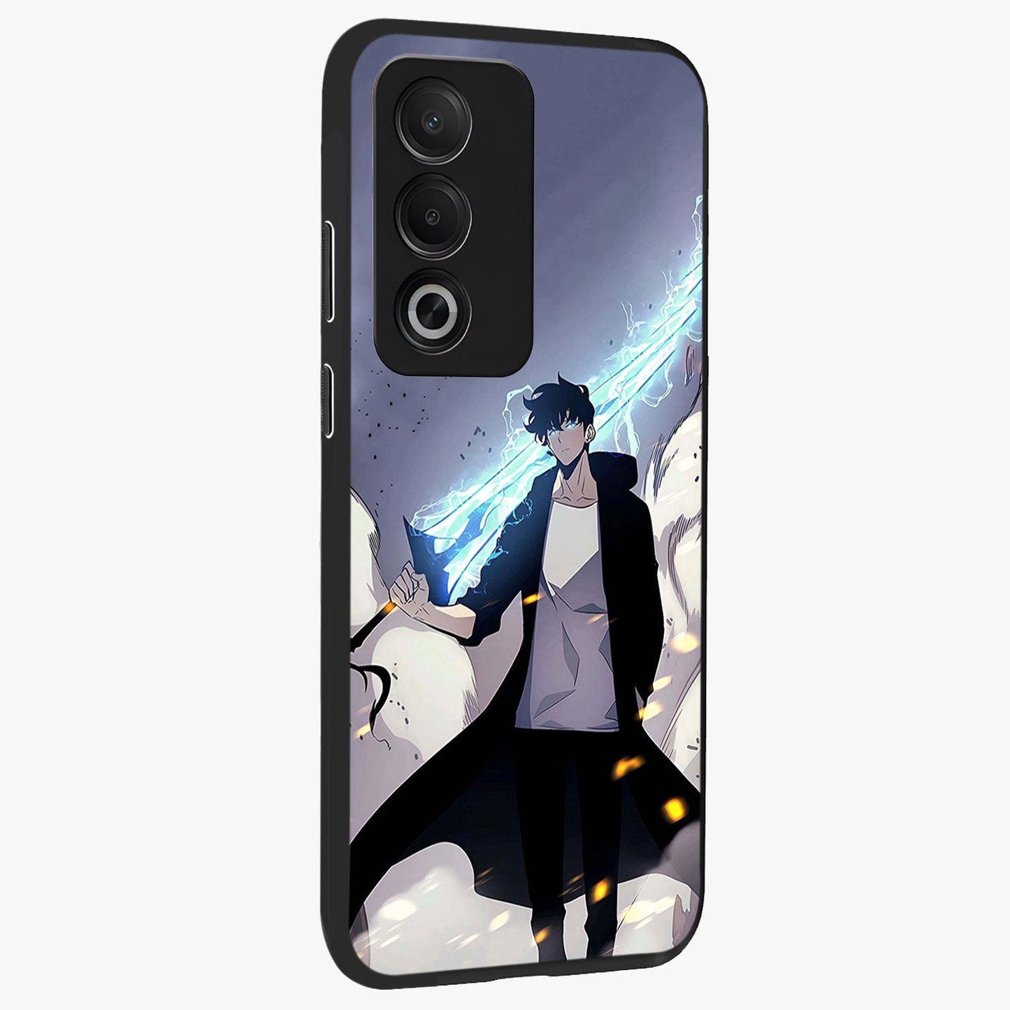 Dark Lightning Anime Warrior Glass Case upright view showcasing dramatic warrior artwork with dark lightning aesthetic.