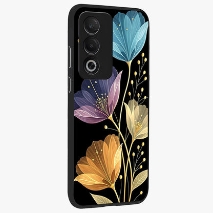 Delicate Multicolor Flowers Glass Case upright view showcasing delicate floral artwork with bright botanical theme.
