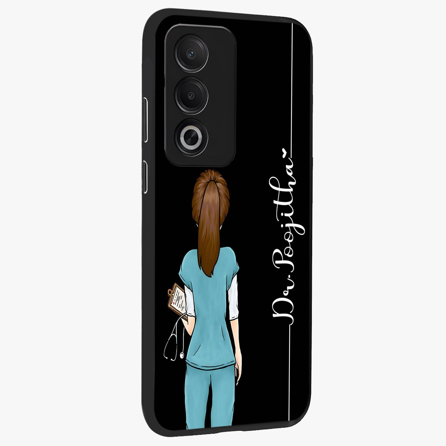 Doctor Pattern Custom Name Glass Case upright view showcasing healthcare themed design with personalized aesthetic.