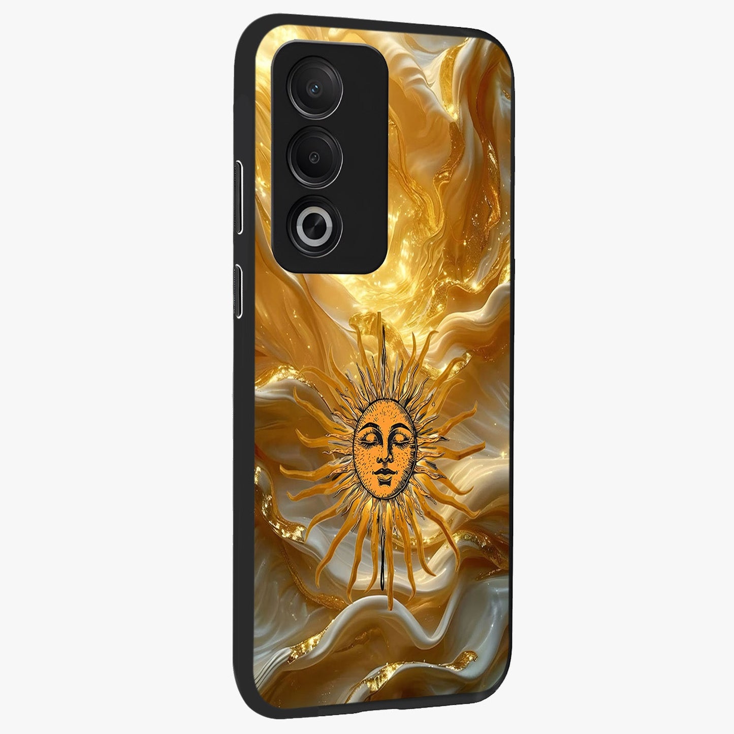 Eternal Golden Glow Glass Case upright view showcasing luminous golden artwork with luxurious visual theme.