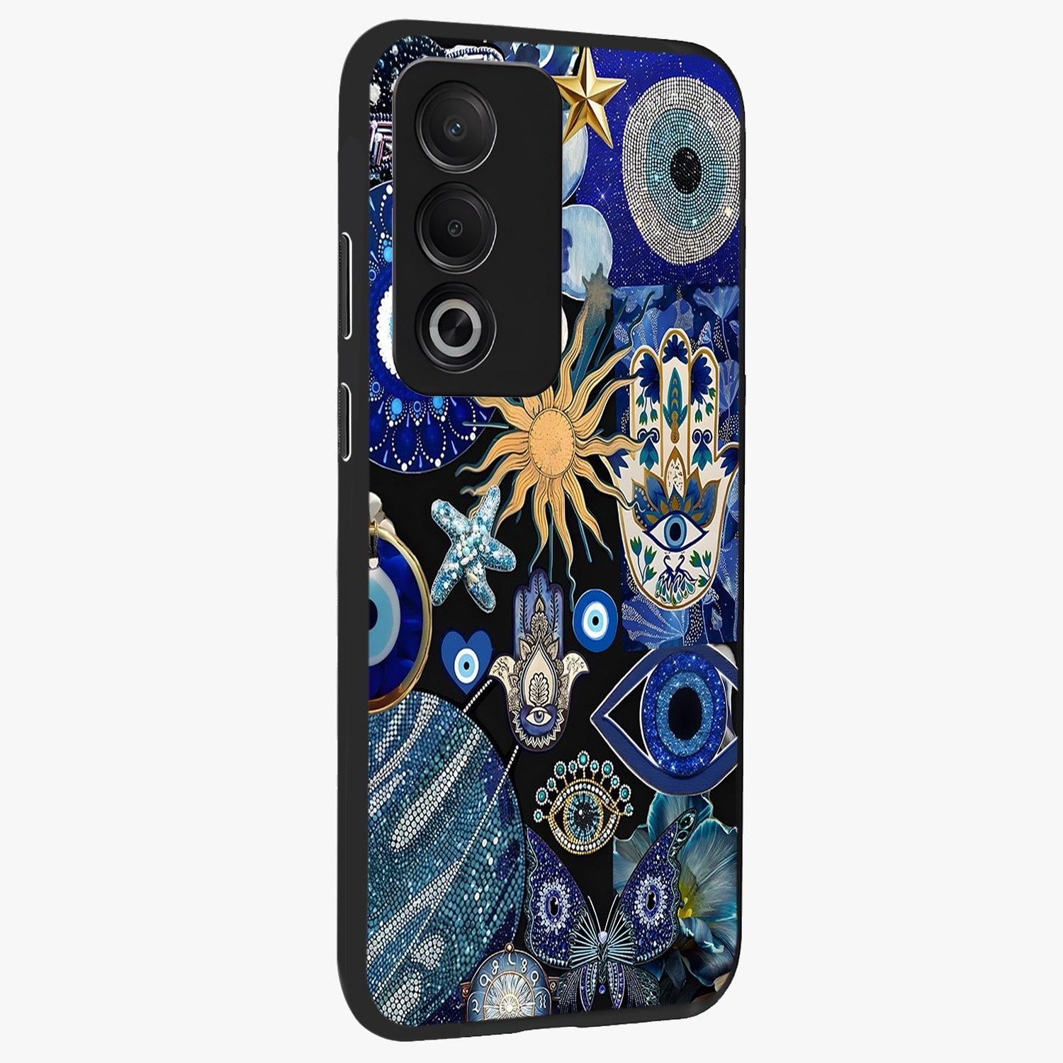 Evil Eye Charm Mix Glass Case upright view showcasing mystical evil eye pattern with vibrant decorative style.