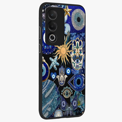 Evil Eye Charm Mix Glass Case upright view showcasing mystical evil eye pattern with vibrant decorative style.