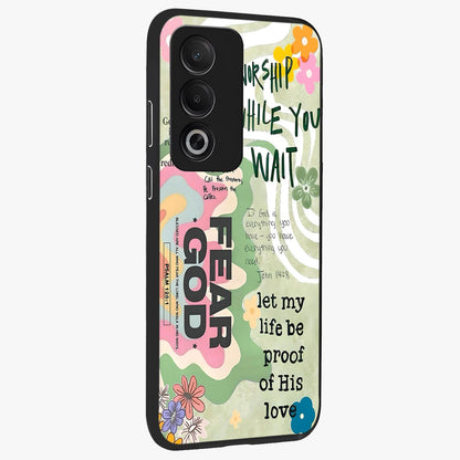 Faith Over Fear Glass Case upright view showcasing bold typography artwork with uplifting motivational theme.
