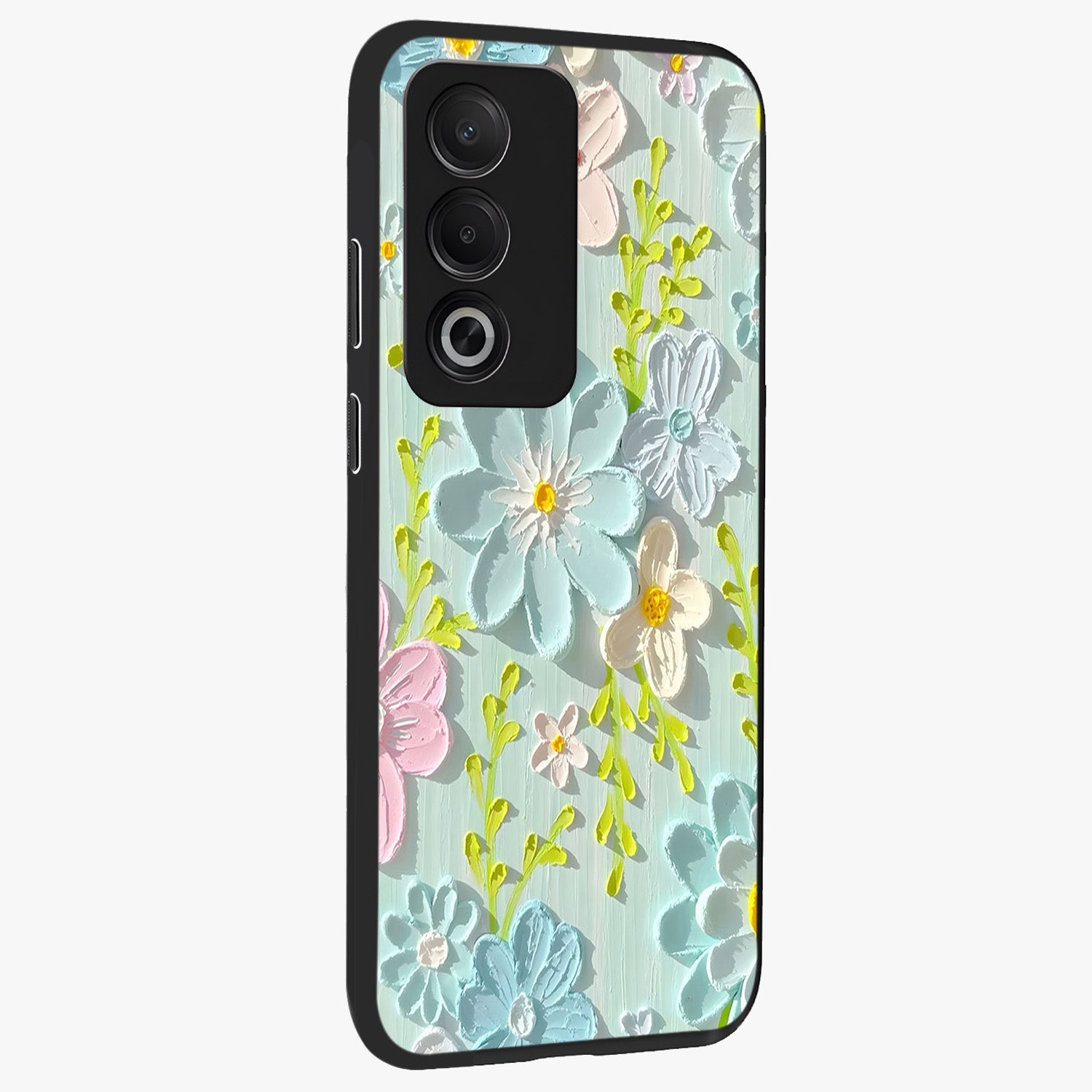 Frosted Petal Garden Glass Case upright view showcasing elegant floral garden artwork with soothing pastel theme.