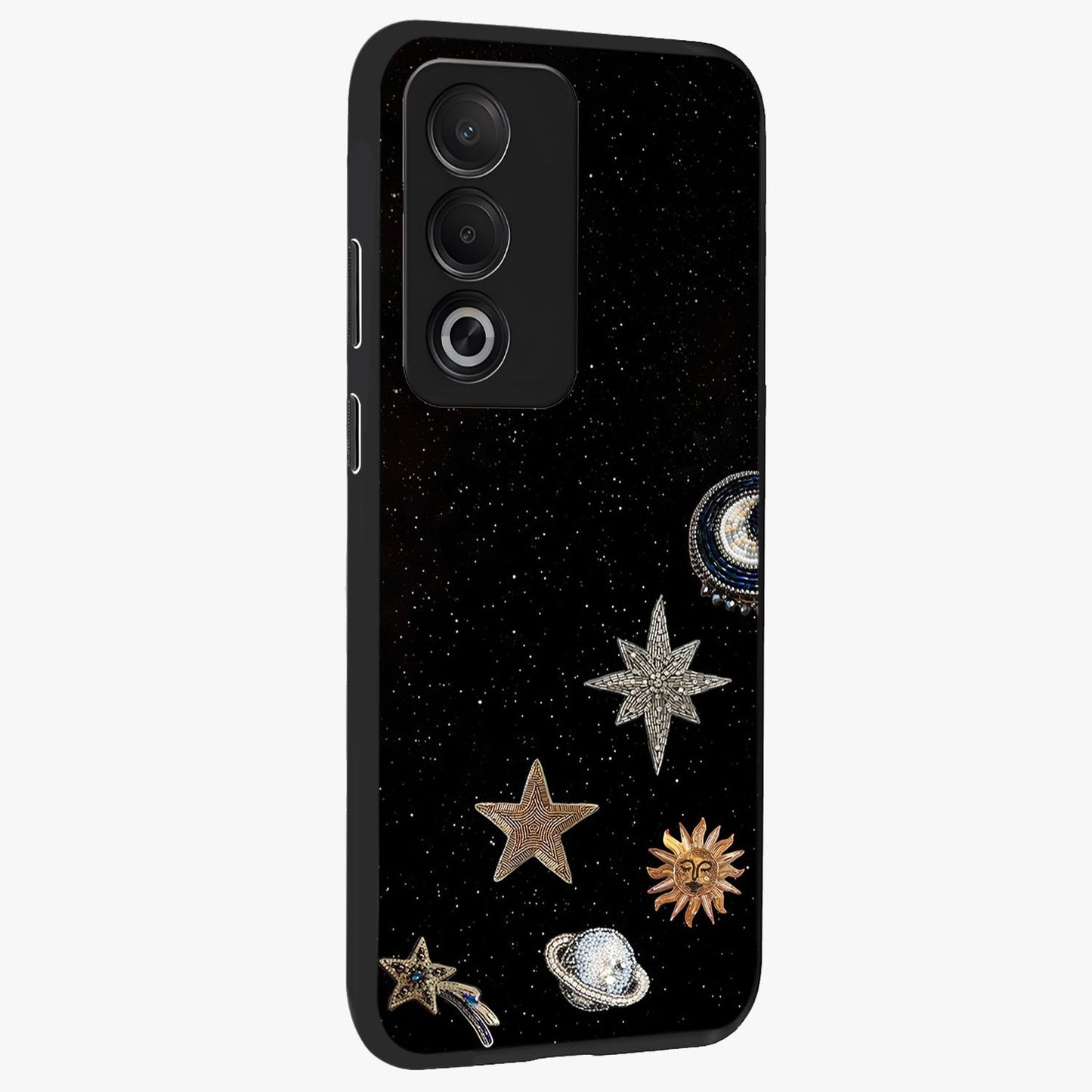 Galactic Charm Glow Glass Case upright view showcasing glowing cosmic charm artwork with magical celestial style.