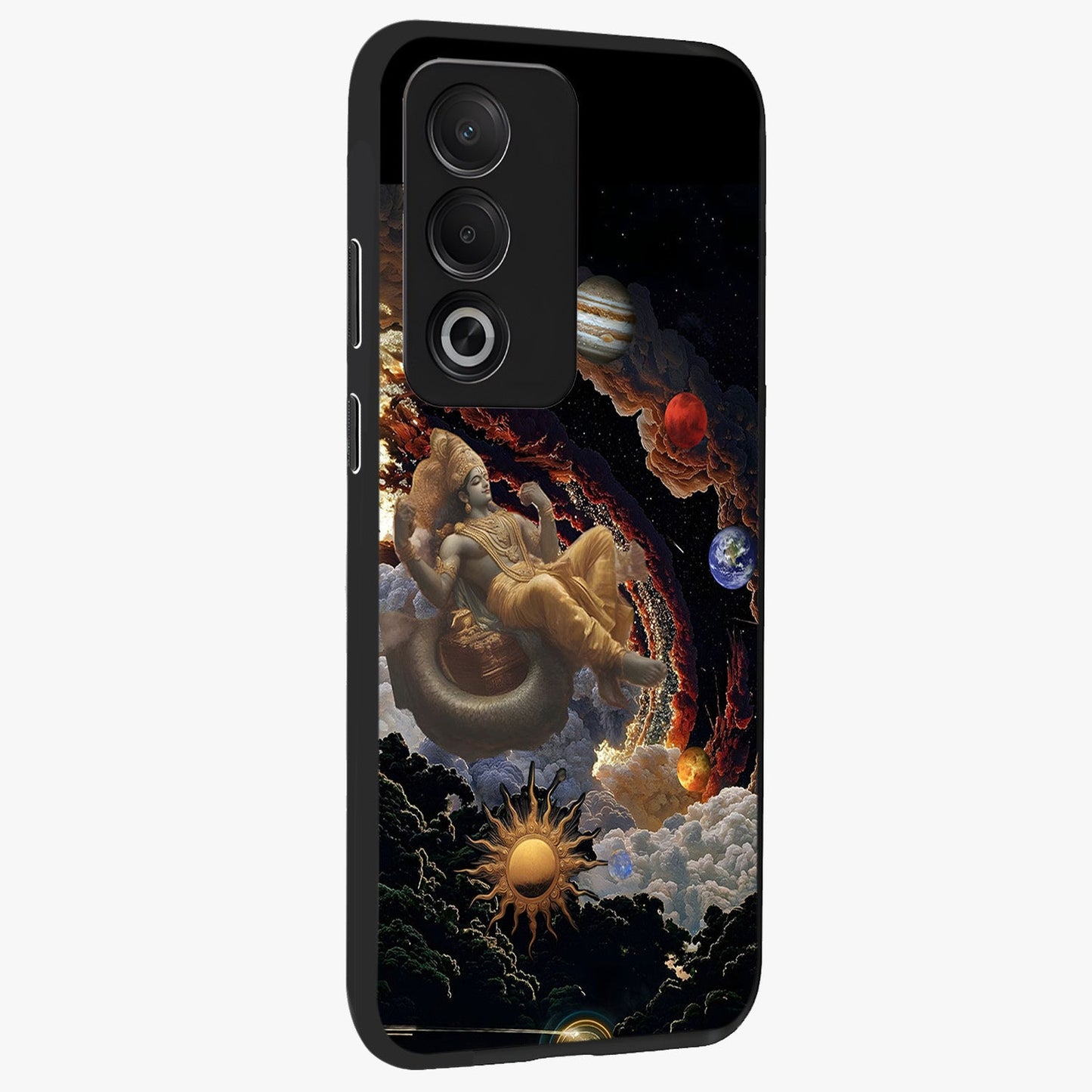Galactic Divine God Glass Case upright view showcasing mystical divine artwork with dramatic cosmic theme.