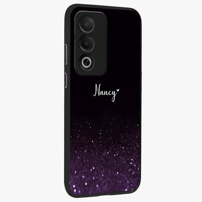 Glittery Purple Bokeh Custom Name Glass Case upright view showcasing vibrant purple sparkle artwork with personalized aesthetic style.