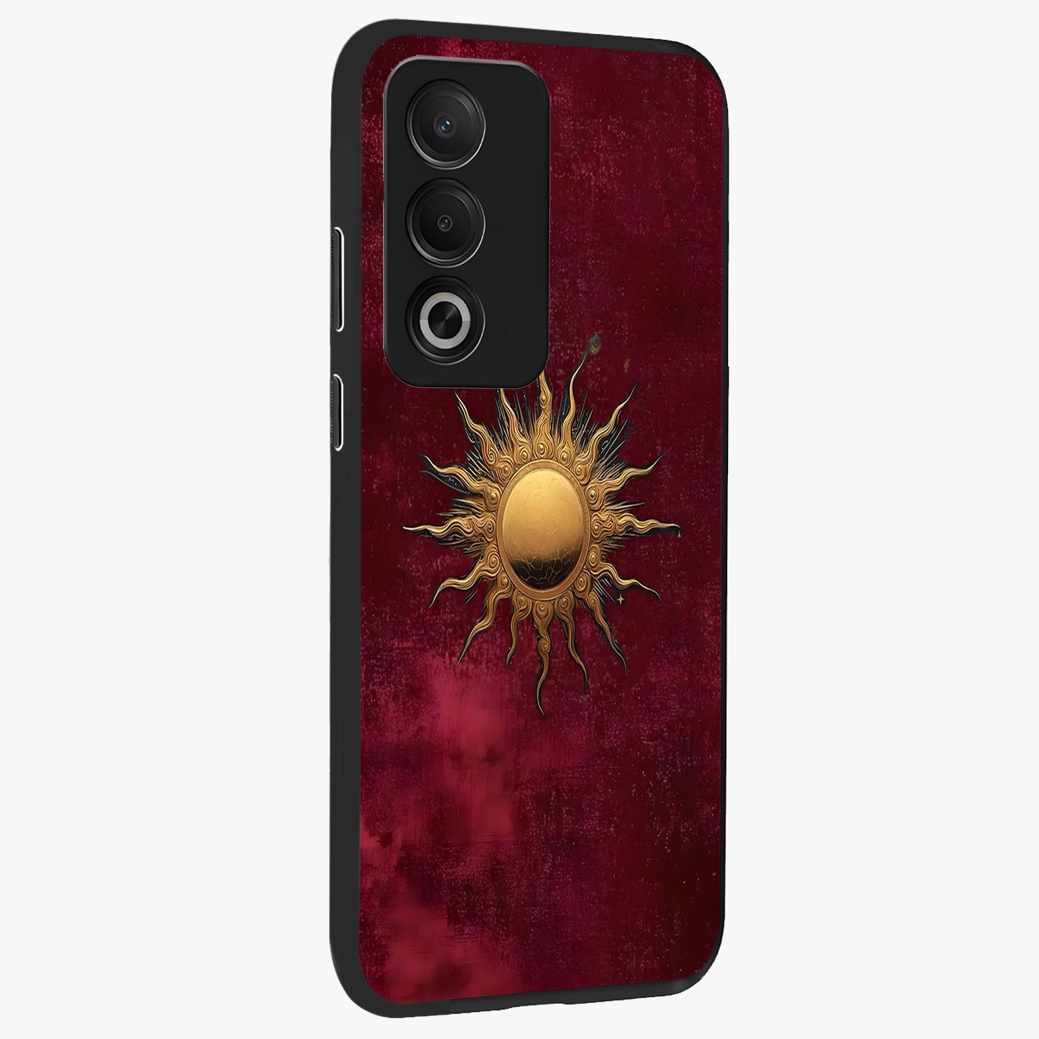 Golden Sun Minimalism Glass Case upright view showcasing simple golden sun artwork with elegant minimalist style.