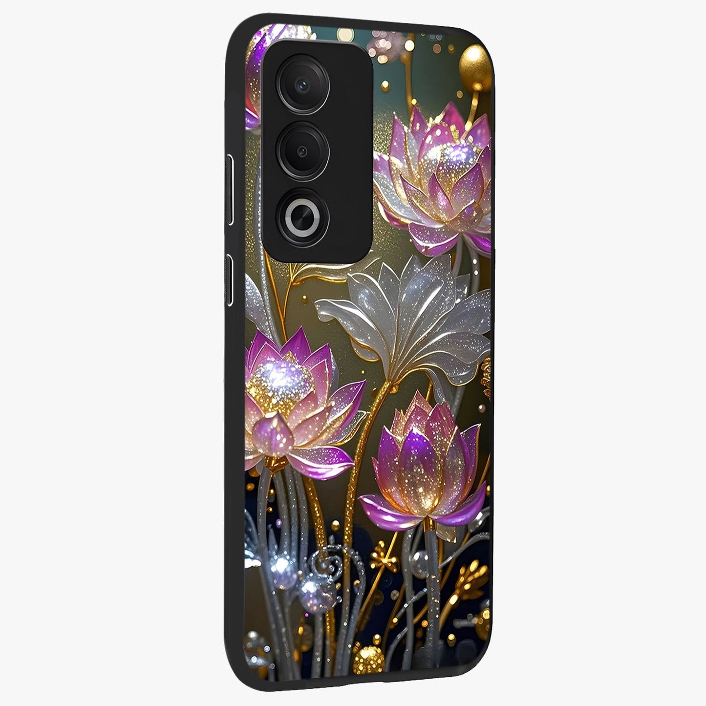 Golden Floral Majesty Glass Case upright view showcasing majestic floral artwork with rich decorative theme.
