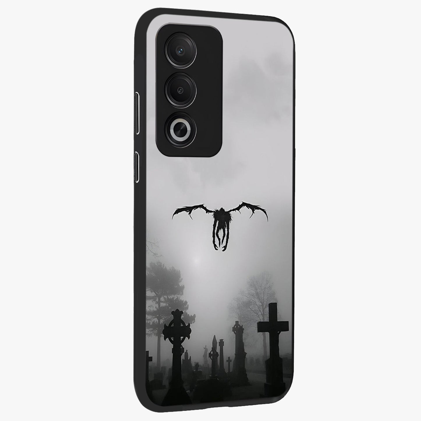 Graveyard Shadow Descent Glass Case upright view showcasing haunting graveyard artwork with dramatic dark theme.