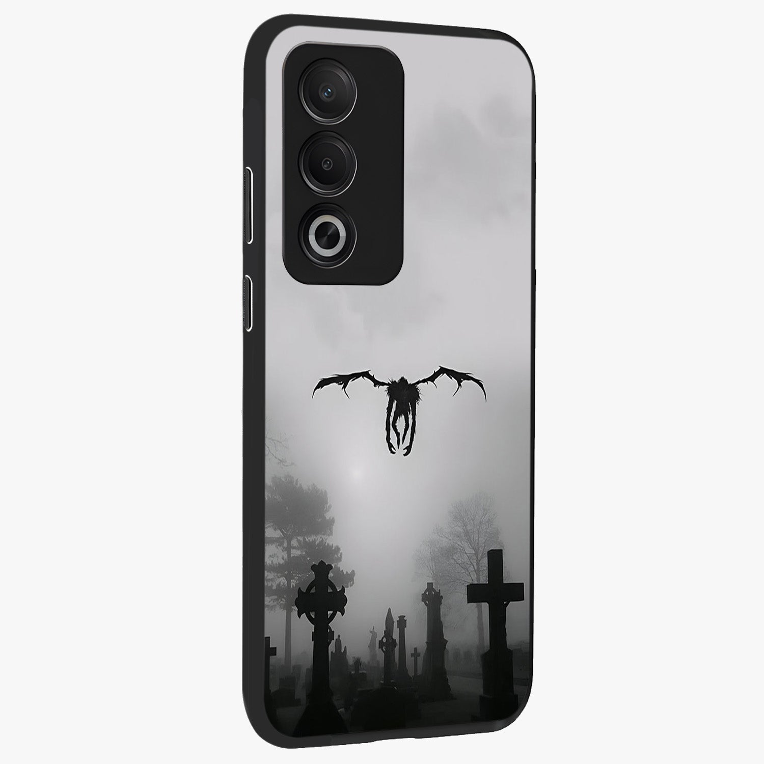 Graveyard Shadow Descent Glass Case upright view showcasing haunting graveyard artwork with dramatic dark theme.