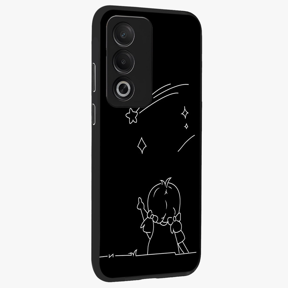 Line Art Girl With Shooting Stars Glass Case upright view showcasing delicate shooting stars artwork with minimal artistic theme.