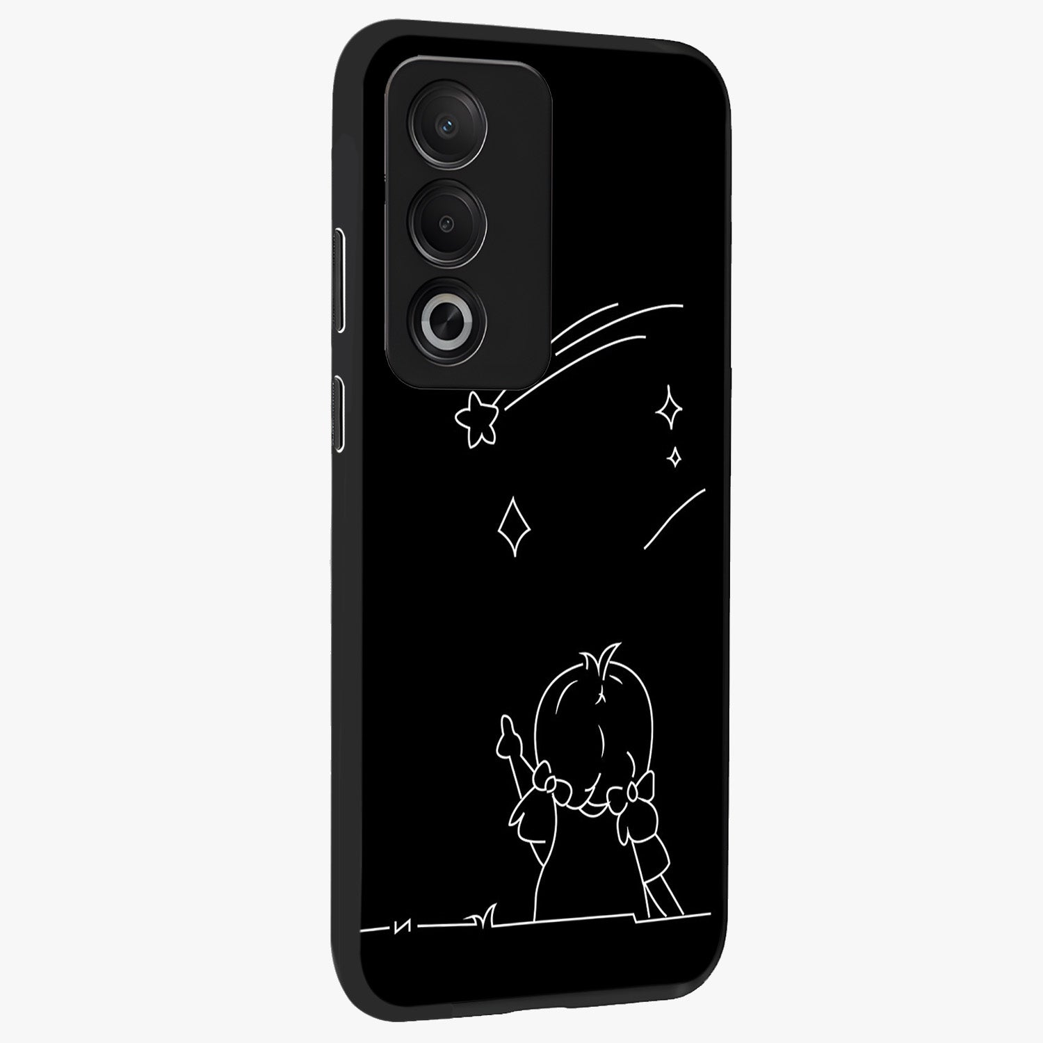 Line Art Girl With Shooting Stars Glass Case upright view showcasing delicate shooting stars artwork with minimal artistic theme.