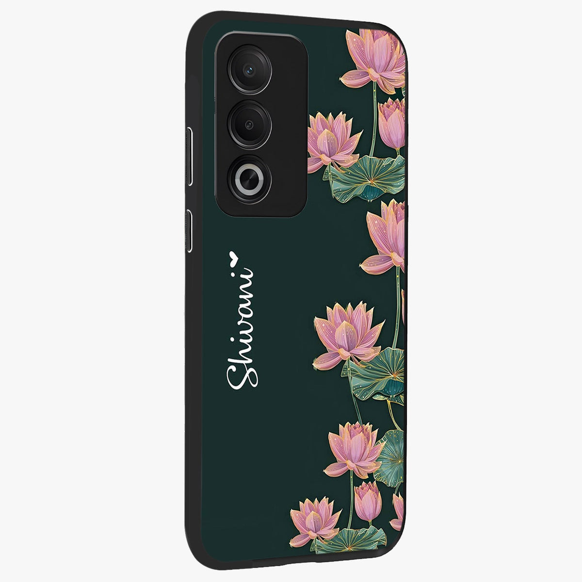 Lotus Bloom Serenity Custom Name Glass Case upright view showcasing serene lotus bloom artwork with personalized floral aesthetic.