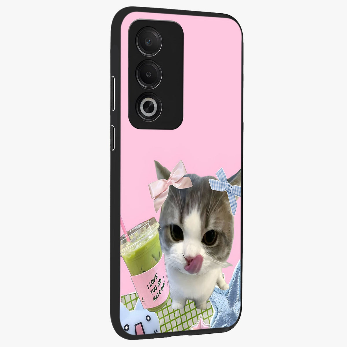 Love Matcha Cat Glass Case upright view showcasing adorable cat artwork with charming matcha themed design.