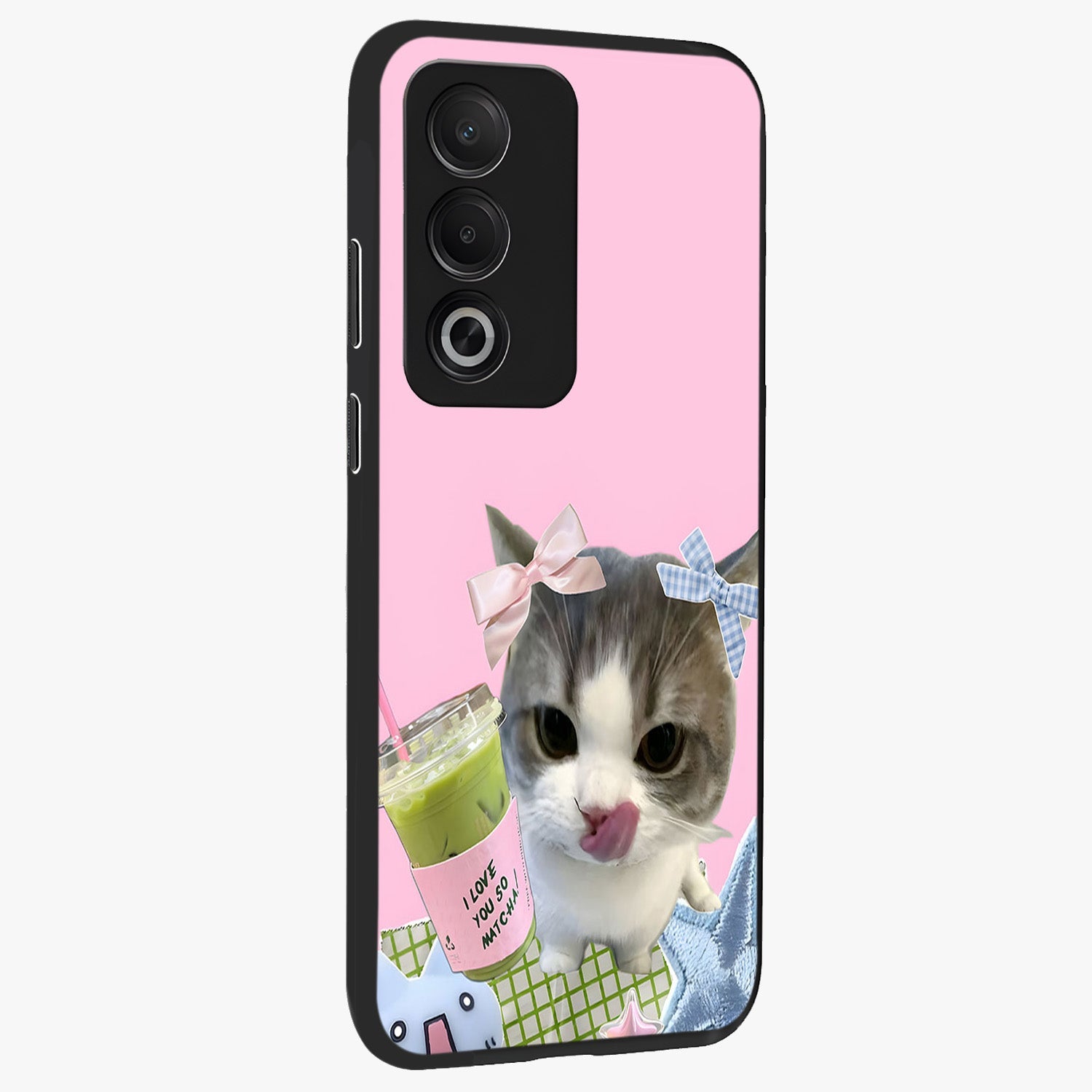 Love Matcha Cat Glass Case upright view showcasing adorable cat artwork with charming matcha themed design.