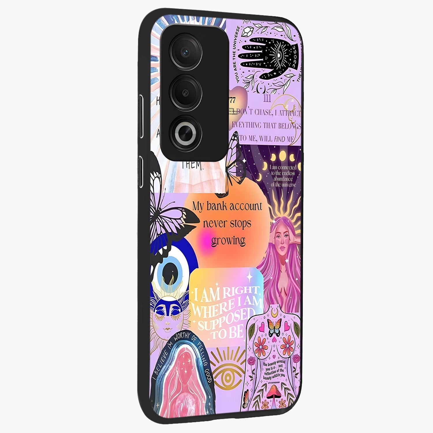 Manifestation Collage Glass Case upright view showcasing artistic manifestation themed artwork with creative style.