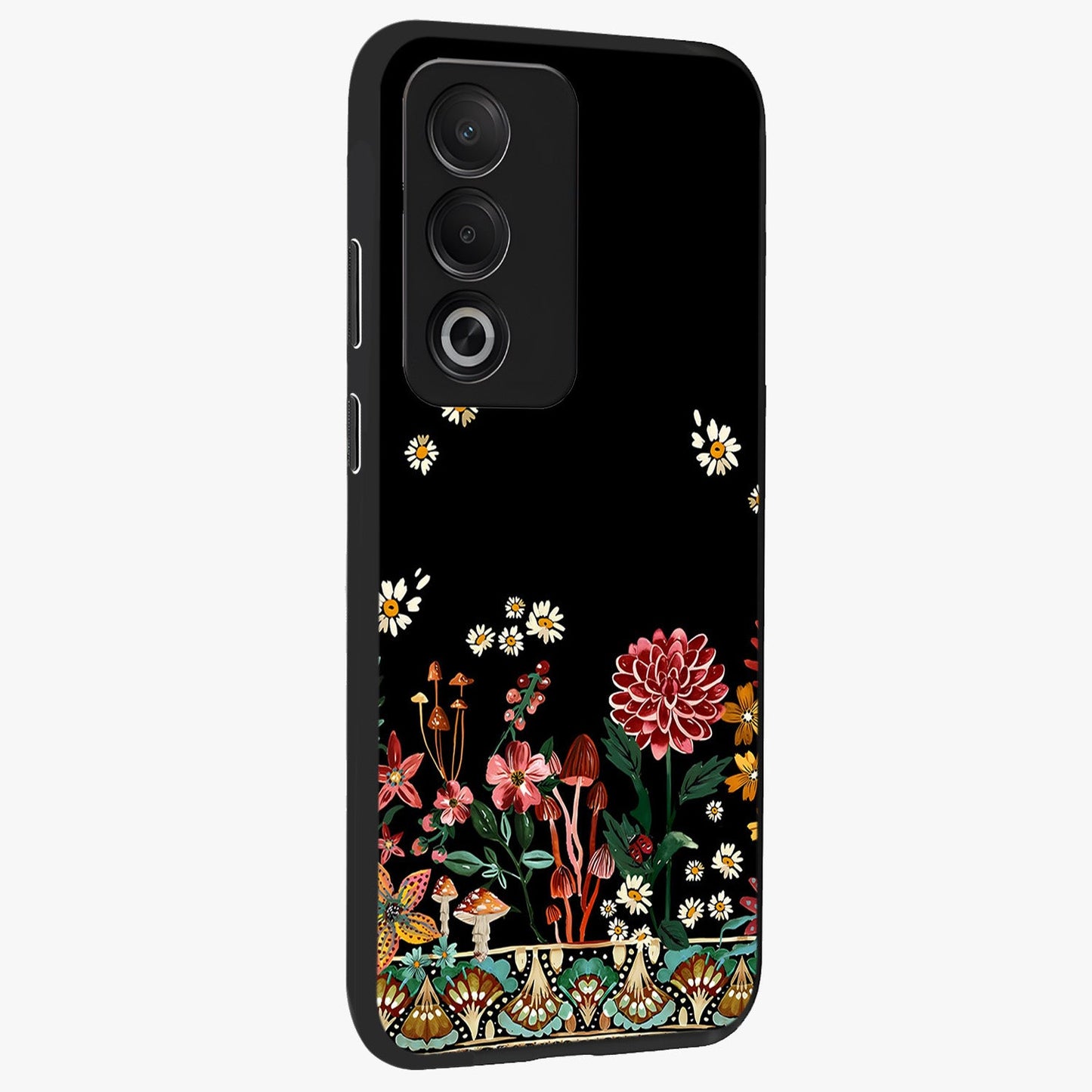 Midnight Bloom Pattern Glass Case upright view showcasing decorative floral artwork with deep night themed palette.
