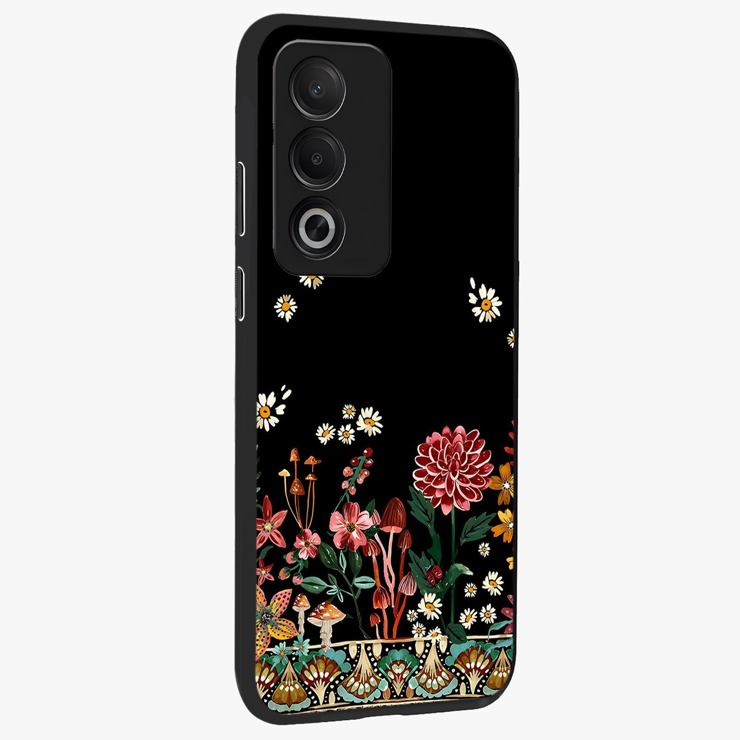 Midnight Bloom Pattern Glass Case upright view showcasing decorative floral artwork with deep night themed palette.