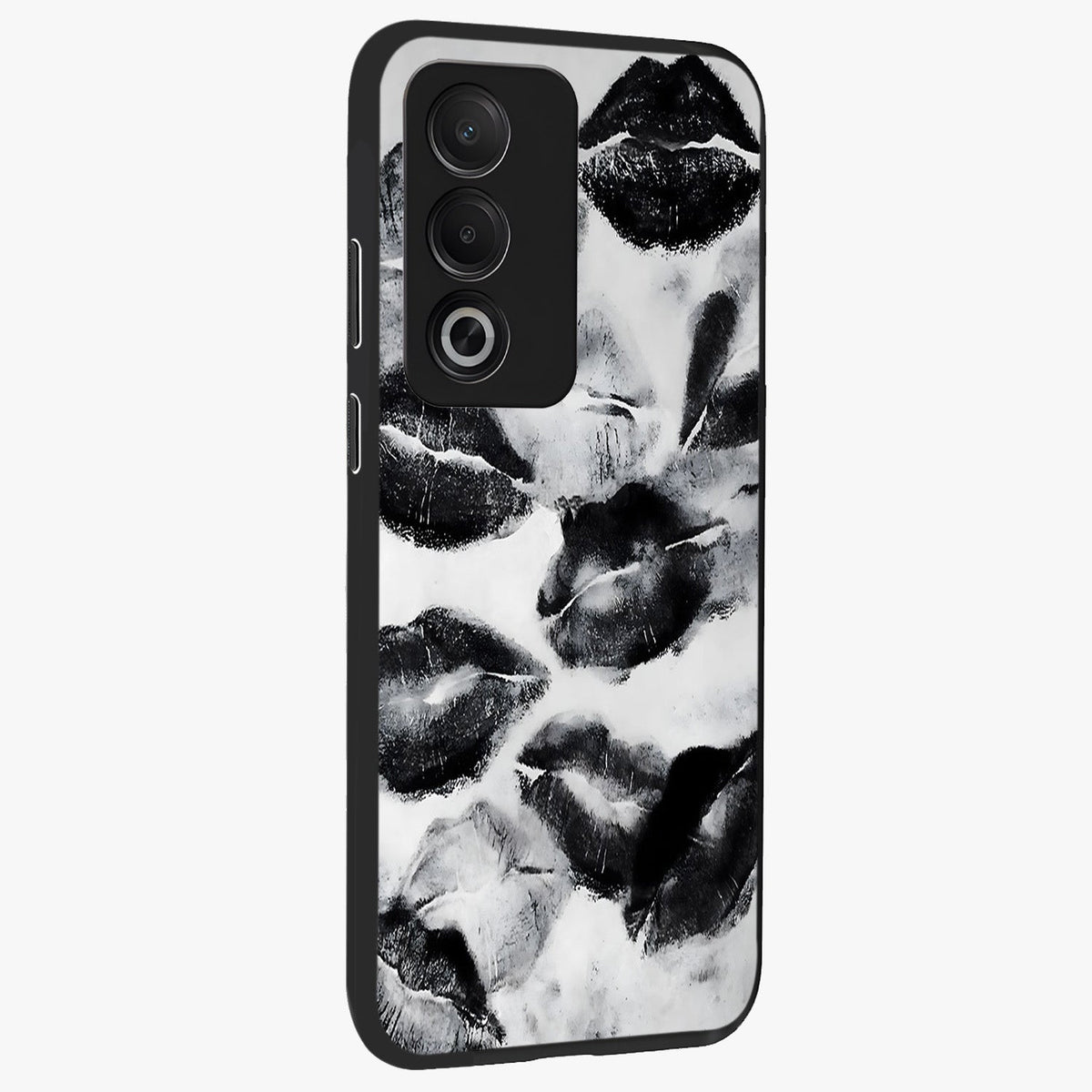 Midnight Kiss Marks Glass Case upright view showcasing stylish kiss mark artwork with trendy romantic theme.