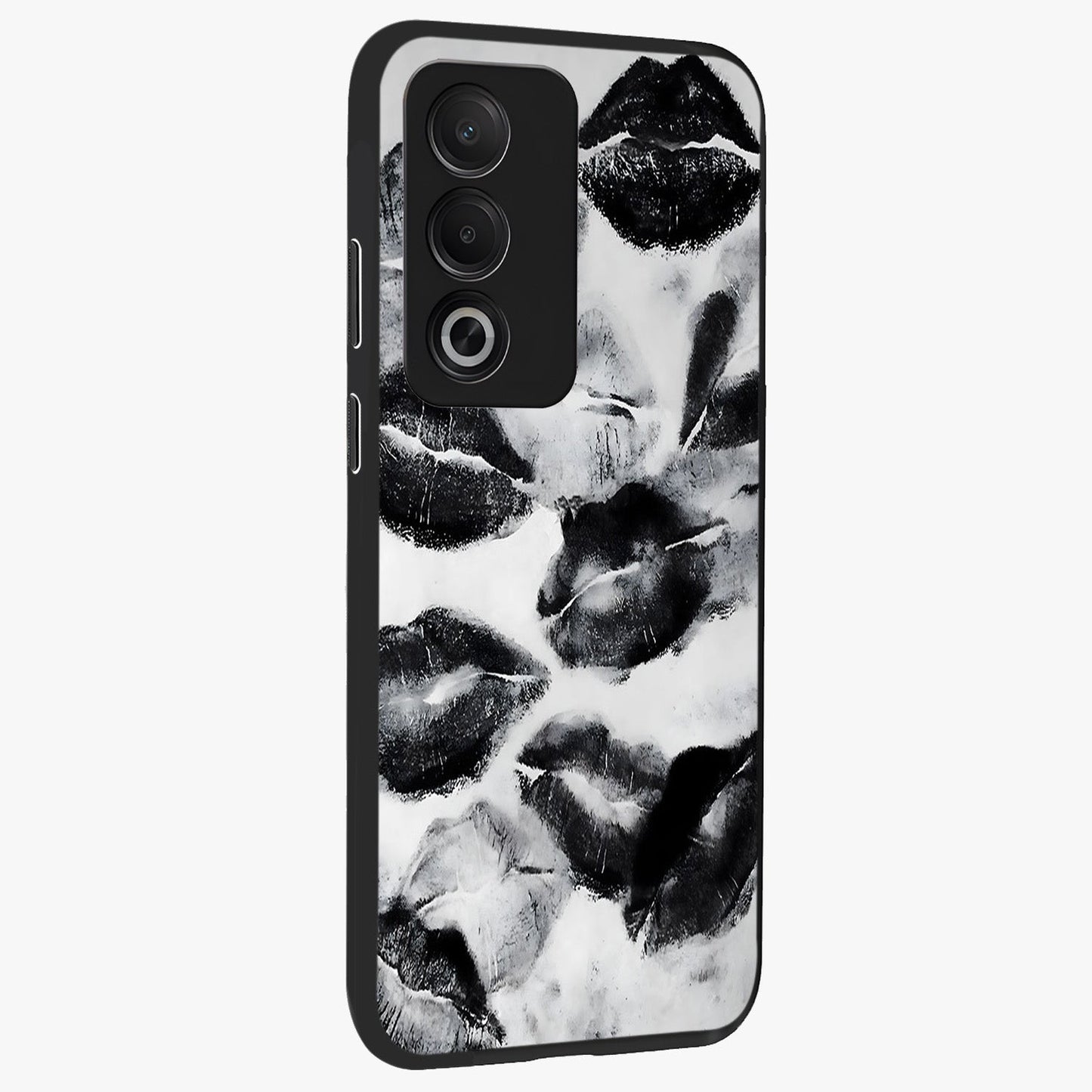 Midnight Kiss Marks Glass Case upright view showcasing stylish kiss mark artwork with trendy romantic theme.