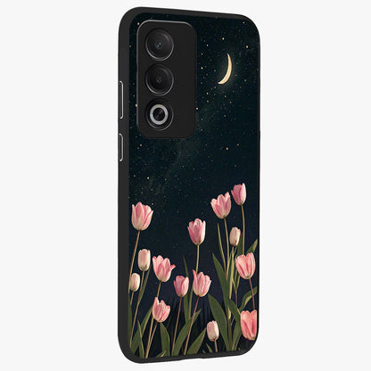 Midnight Tulip Whispers Vibe Glass Case upright view showcasing graceful tulip artwork with calm botanical theme.