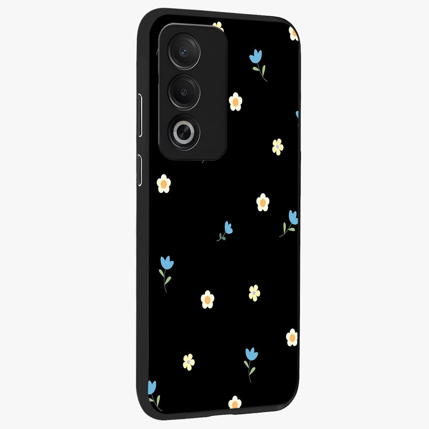 Minimal Petal Whispers Glass Case upright view showcasing elegant floral artwork with modern minimalist style.