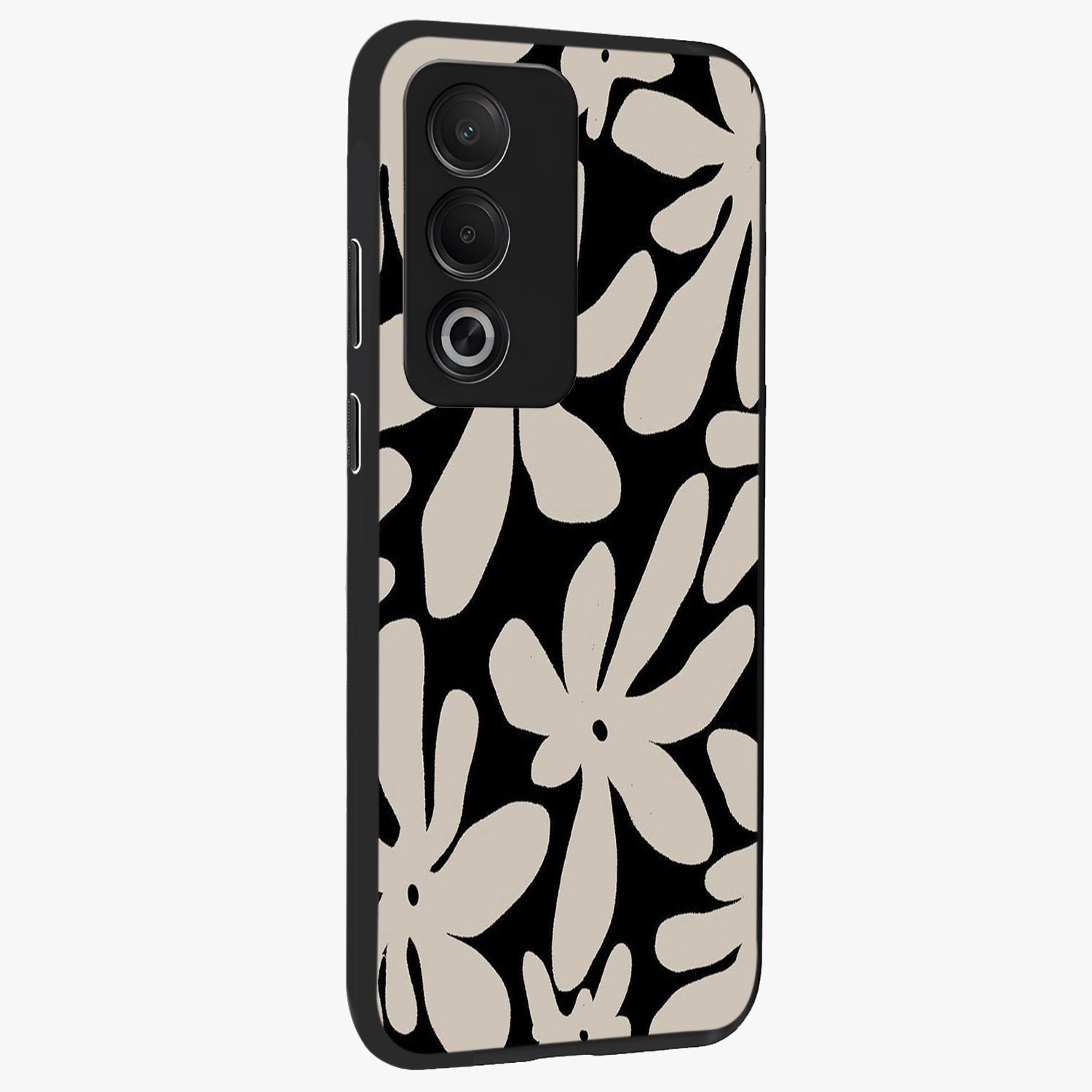 Monochrome Petal Dance Glass Case upright view showcasing artistic floral pattern with stylish monochrome theme.