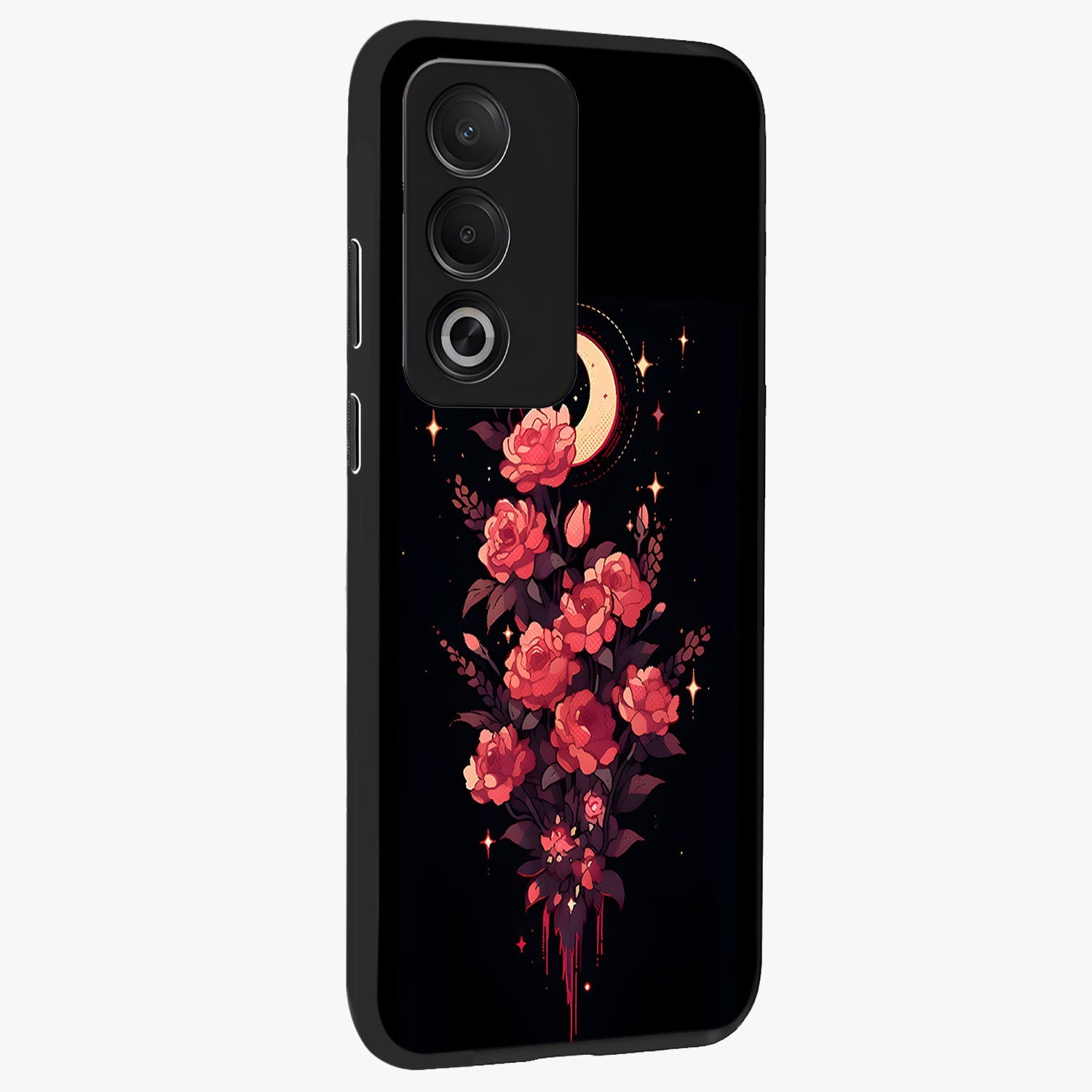Moonlit Floral Elegance Glass Case upright view showcasing delicate floral artwork with refined night inspired theme.