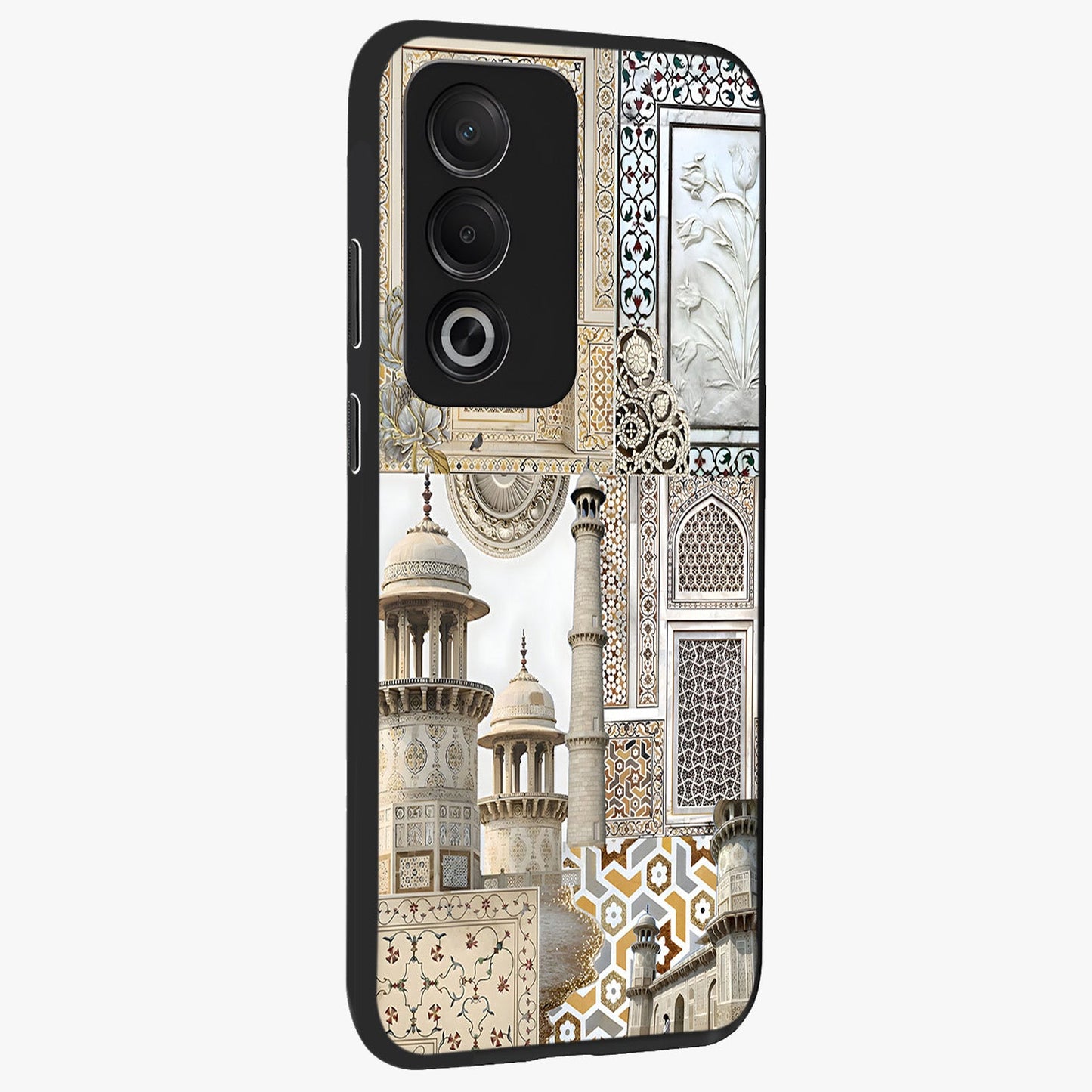 Mughal Marble Legacy Glass Case upright view showcasing ornate Mughal design with luxurious traditional theme.