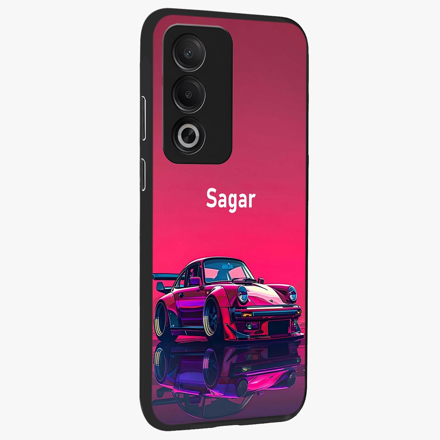 Neon Pink Porsche Glass Case upright view showcasing vibrant sports car artwork with bold automotive theme.