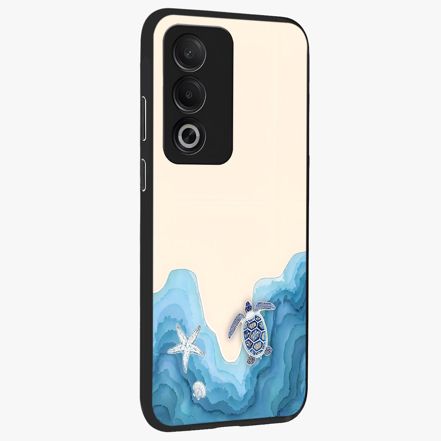 Ocean Drift Turtle Glass Case upright view showcasing calm underwater turtle artwork with nature inspired theme.