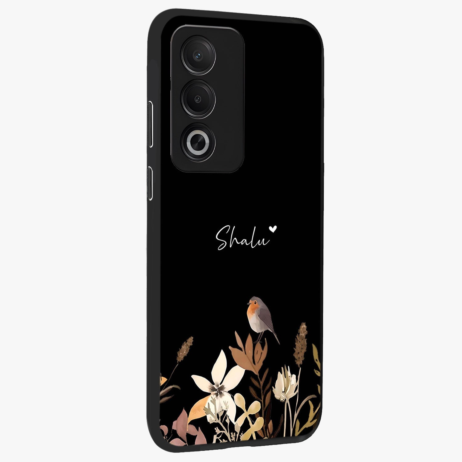 Quiet Garden Tune Custom Name Glass Case upright view showcasing serene botanical artwork with personalized aesthetic.